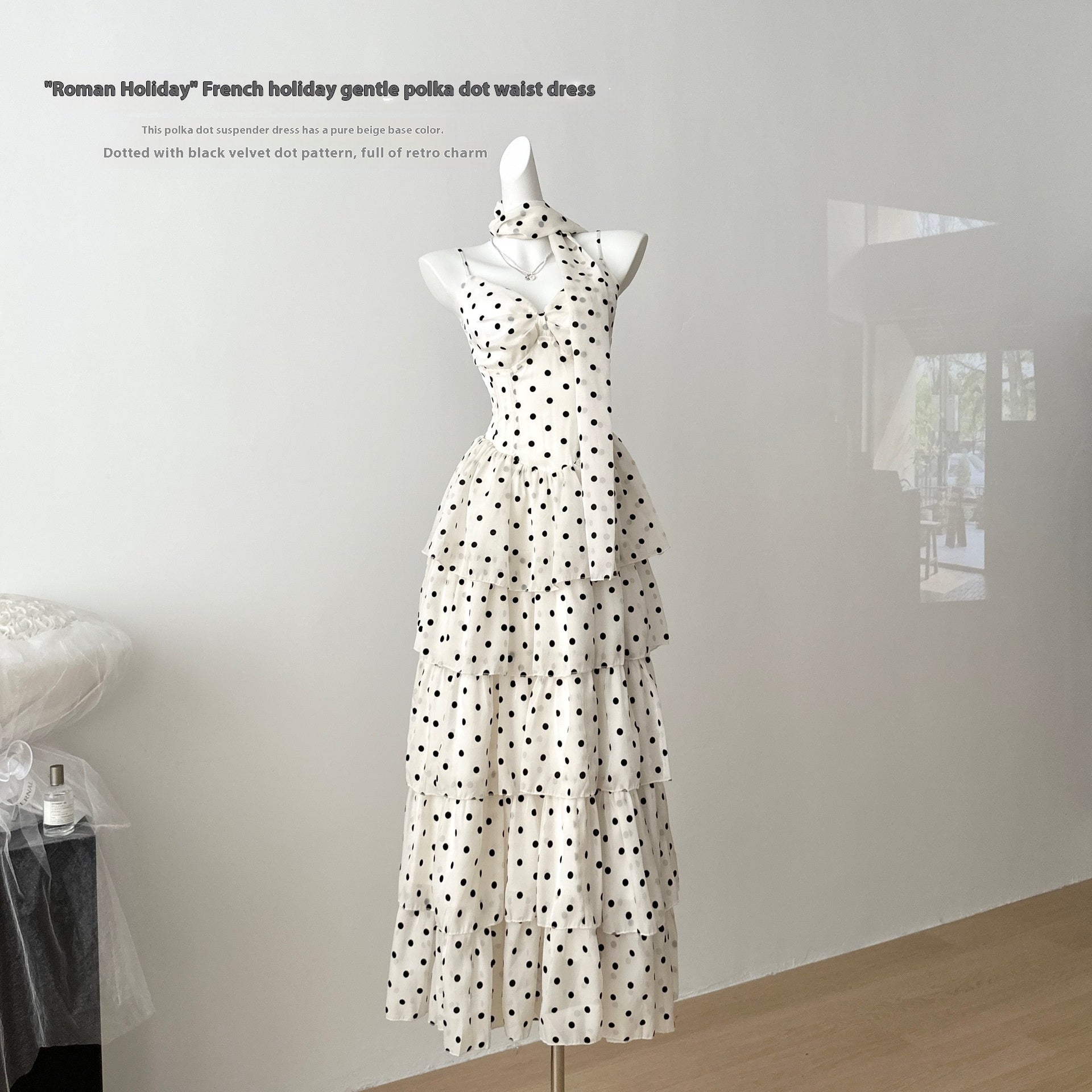 Vacation Gentle Polka-dot Cinched Slimming Sling Dress