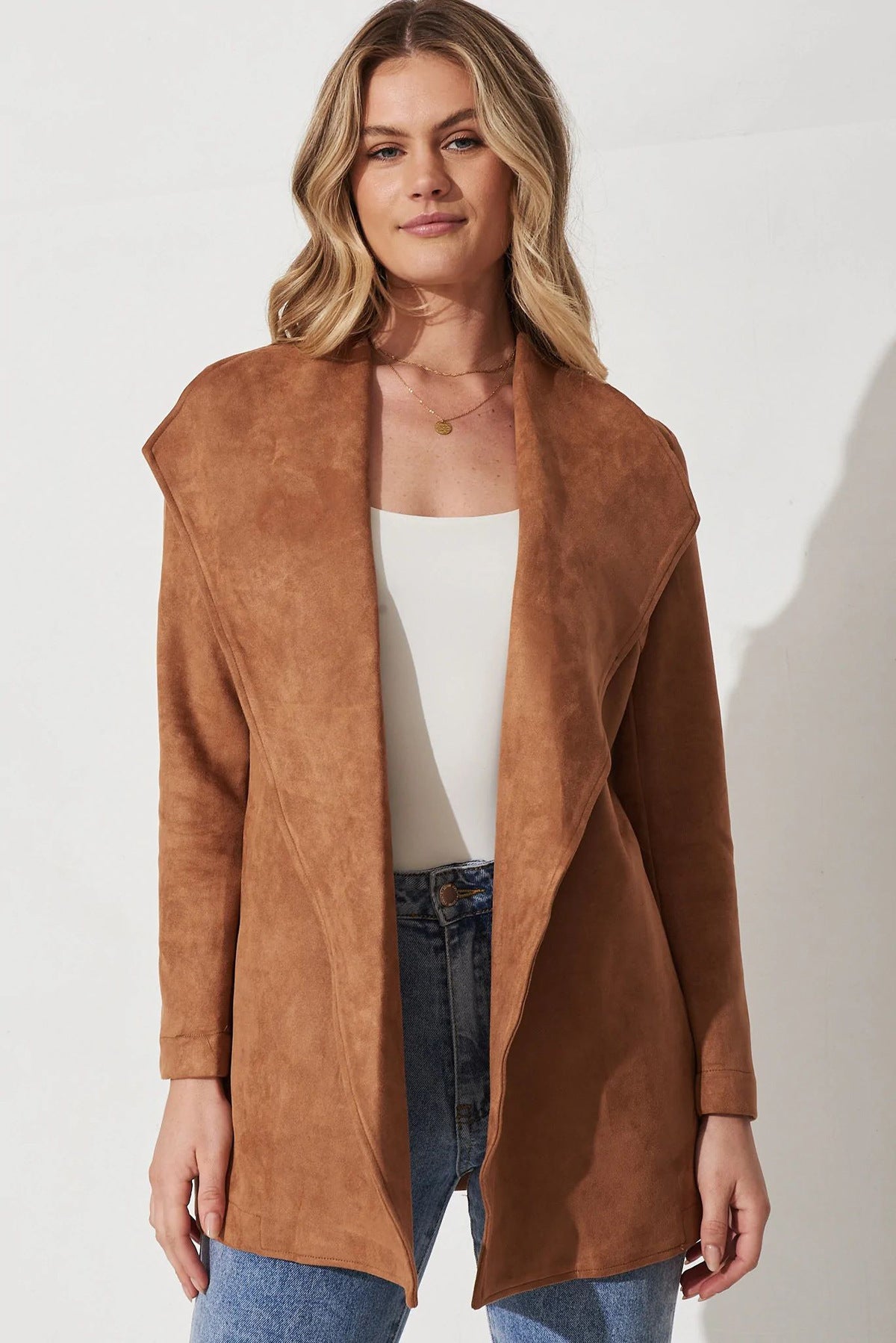 Women's Solid Color Suit Cardigan Large Lapel Suede Long Sleeve Coat