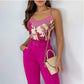 Europe And The United States New Rose Red Suspender Trousers Suit With Belt