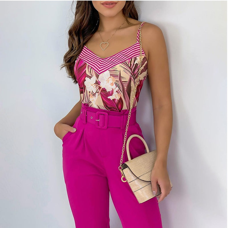 Europe And The United States New Rose Red Suspender Trousers Suit With Belt