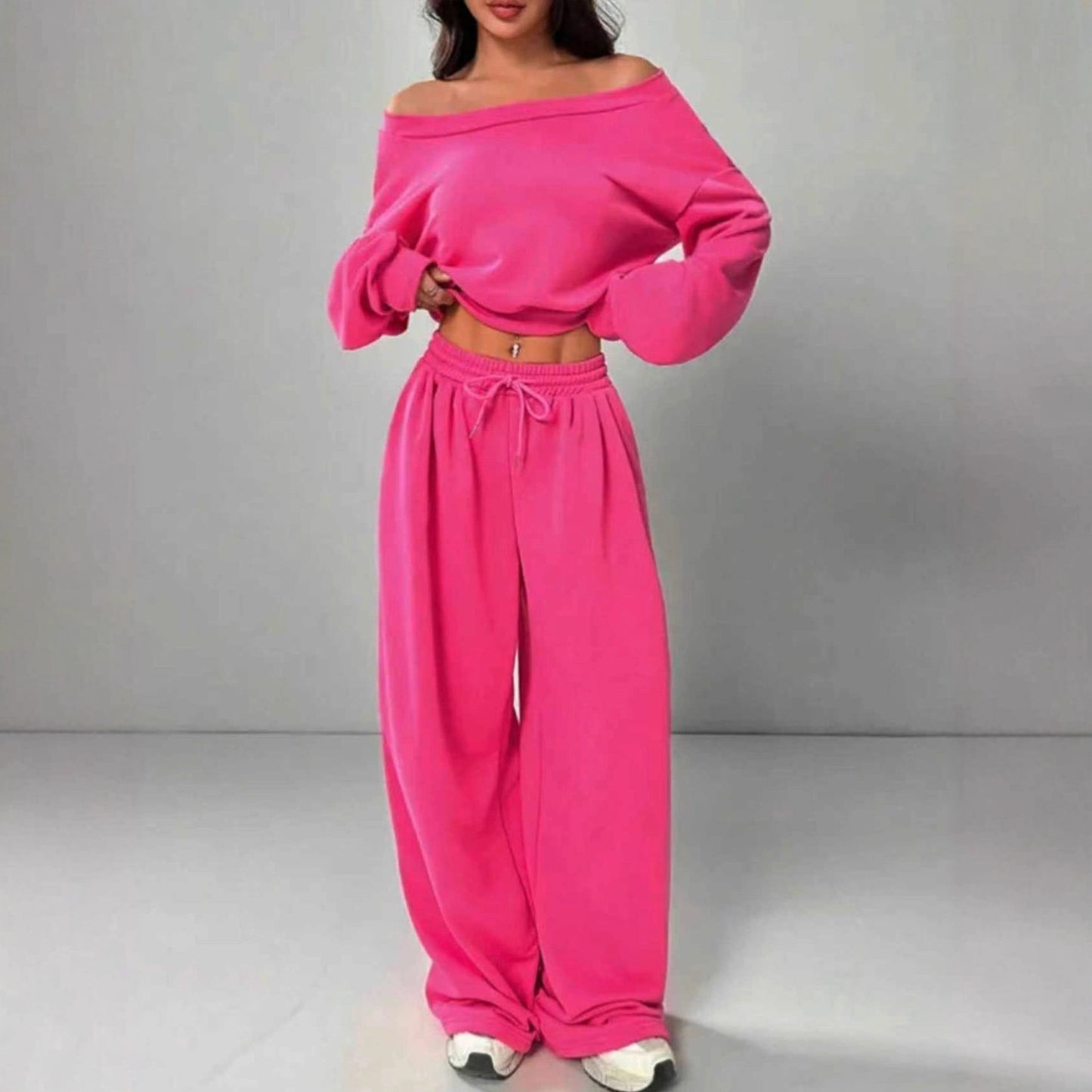 Slim-fit Off-shoulder Crop Top With Casual Pants Set