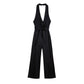 Silk Texture Belt Black Slim Jumpsuit