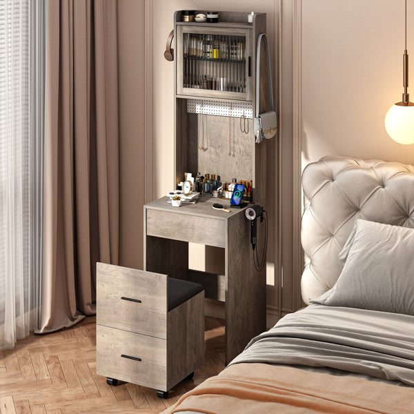 Gray Hemp Faced Particleboard With Triamine 2 Pull 1 Door 1 Flip LED 3 Tone Light Touch Mirror Dressing Table Set