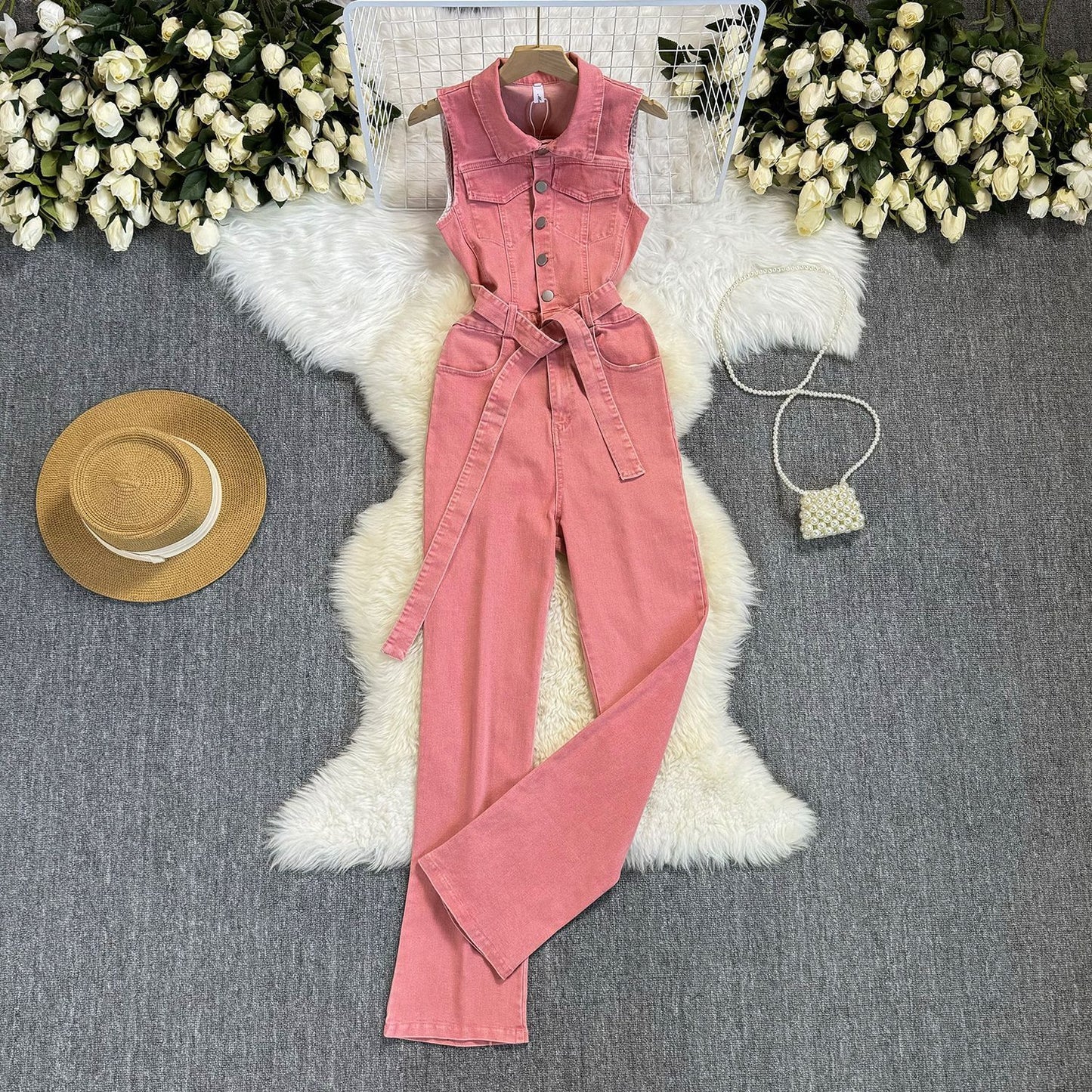 Lace-up Waist-controlled Slim Lapel Metal Buckle Jeans Jumpsuit