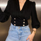 Puffy Sleeves Solid Color Pleated Shirt