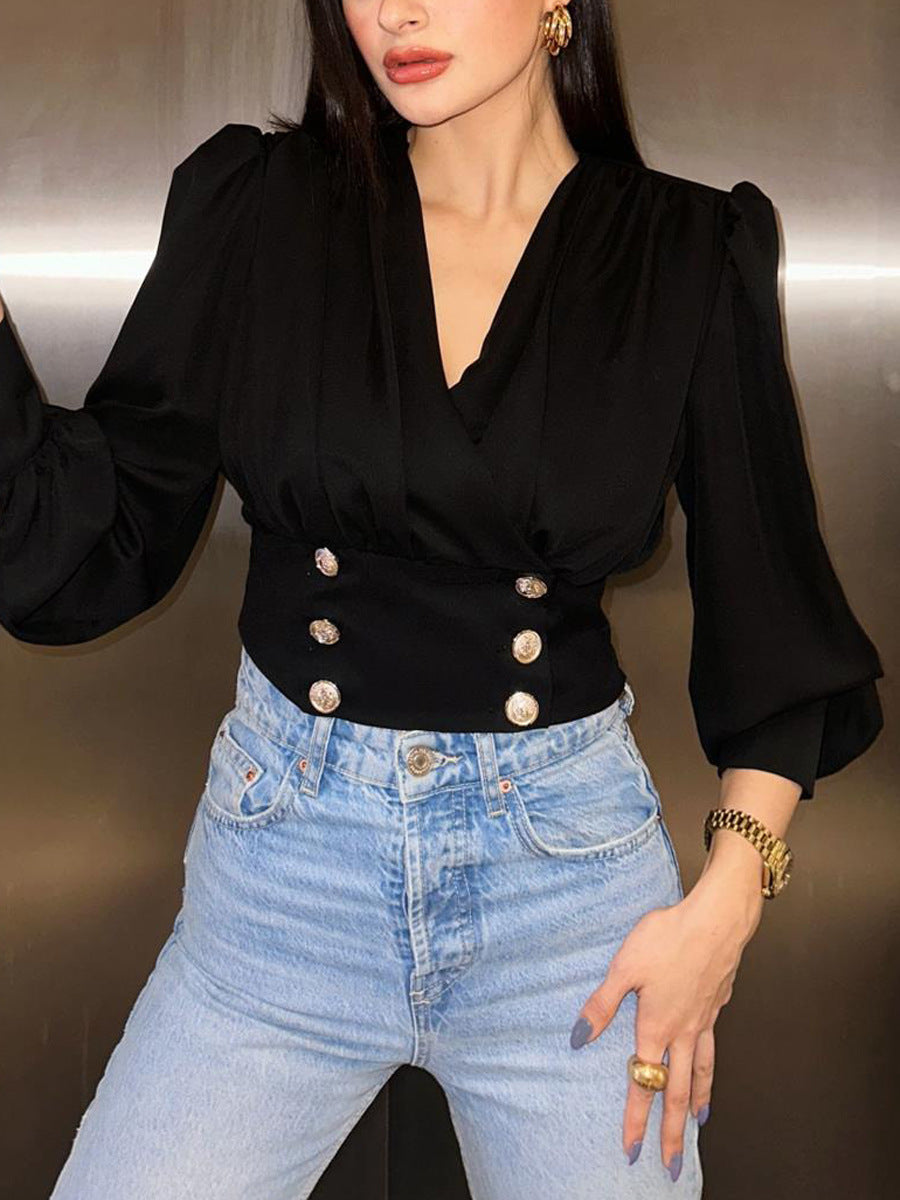 Puffy Sleeves Solid Color Pleated Shirt