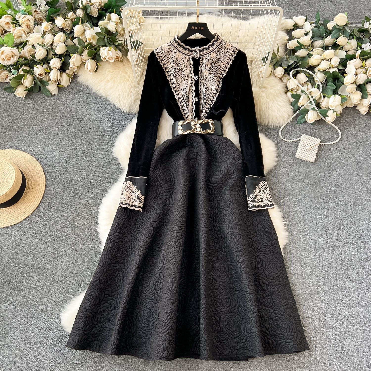 French Vintage Court Style Machine Embroidery Dress