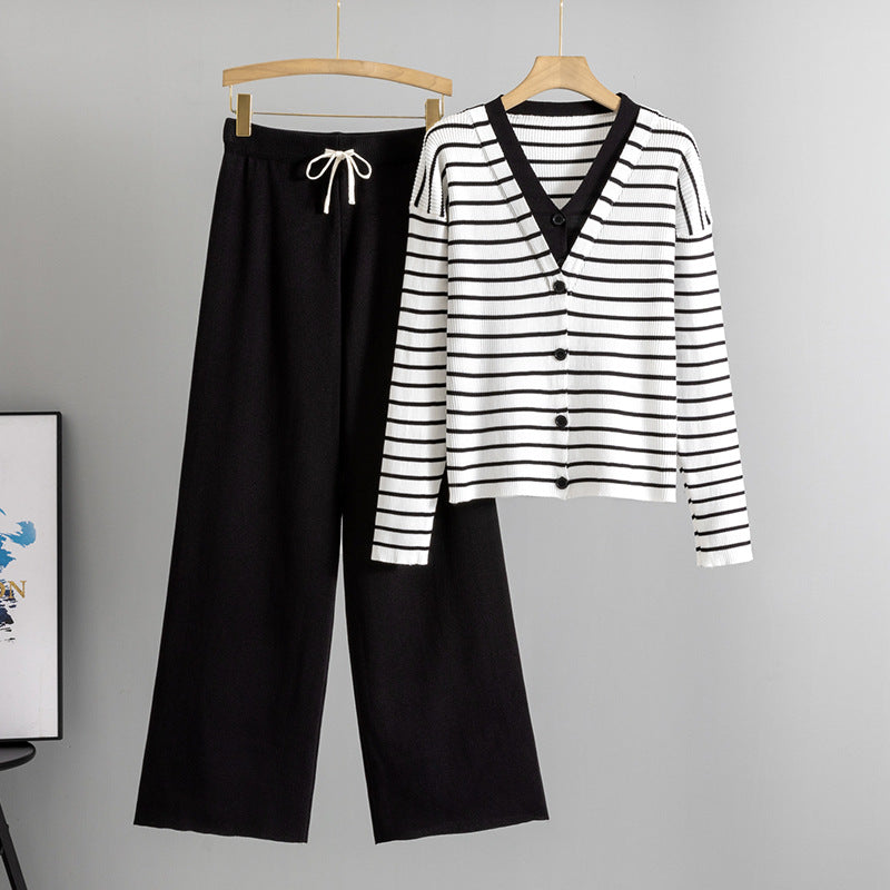 Fake Two-Piece Knitted Cardigan Top And Wide-Leg Pants Set