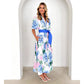 Robe trapèze à manches courtes et ceinture style bohème imprimée