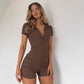 Womens Ribbed Lapel Button-front Short-sleeve Jumpsuit