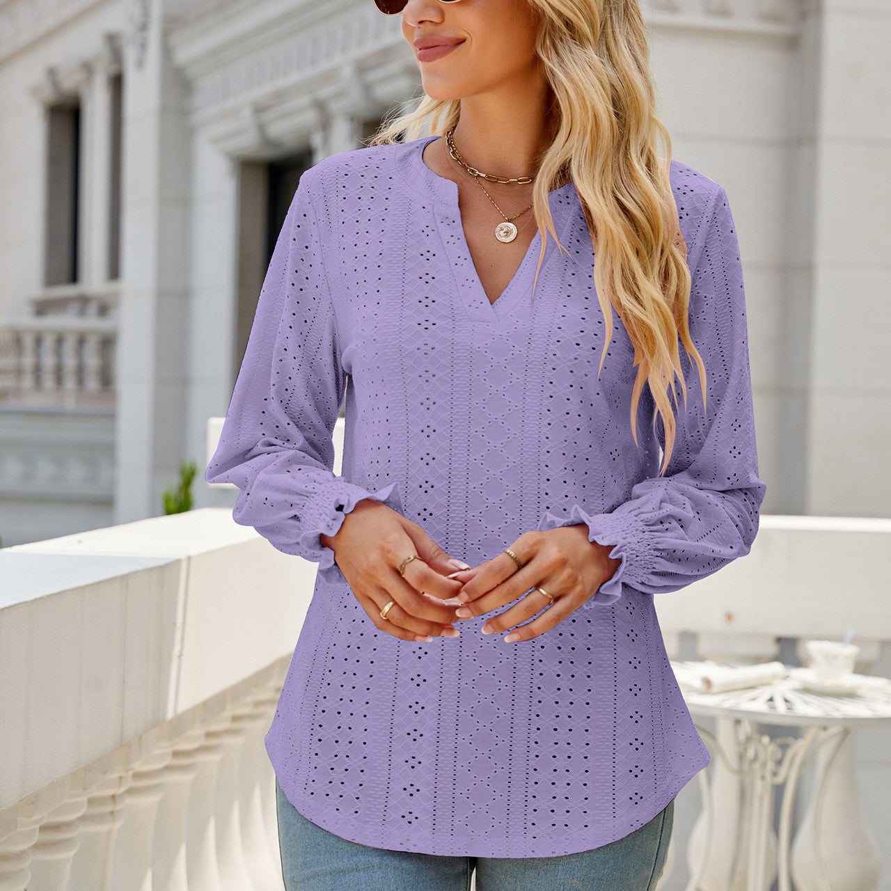Women's Fashion V-neck Solid Color Hollow Ruffle Sleeve Loose Long Sleeve Top