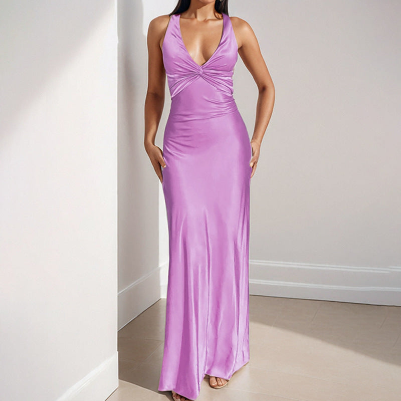 V-neck Pleated Slim Fit Slimming Graceful And Fashionable Dress