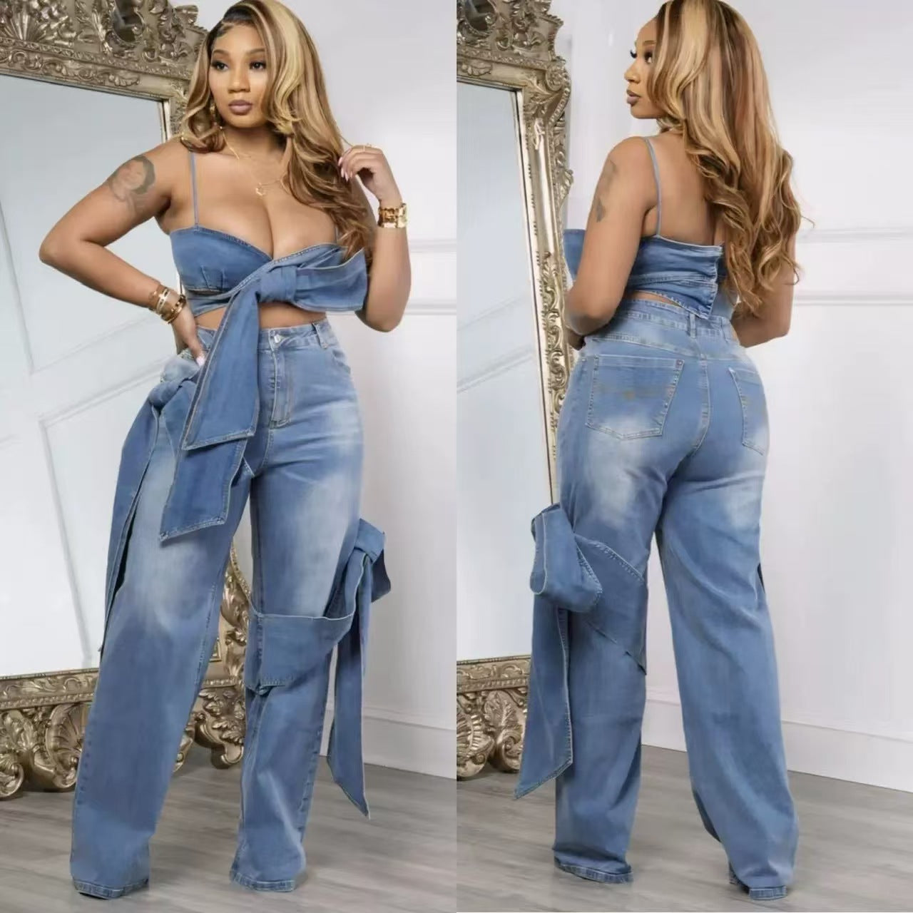 Camisole Tube Top Denim Trousers Suit