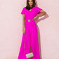 Solid Color And V-neck Waist Trimming Short-sleeved Casual Trousers Jumpsuit
