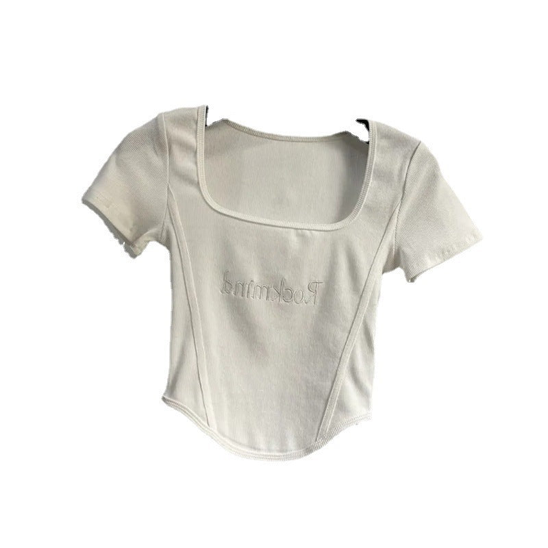 T-shirt court taille haute pour femme, haut court et sexy, moulant, à manches courtes et ourlet incurvé, été