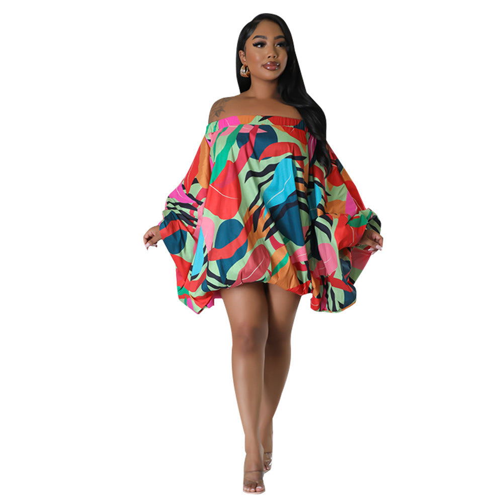 Robe courte imprimée à épaules dénudées et manches chauve-souris en polyester pour femme