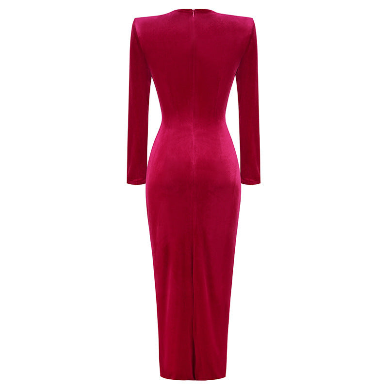 Robe plissée en velours Zou à col rond pour femme, robe moulante fendue