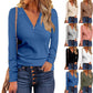 Button V-neck Versatile Long-sleeved T-shirt