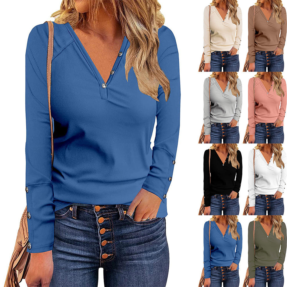Button V-neck Versatile Long-sleeved T-shirt
