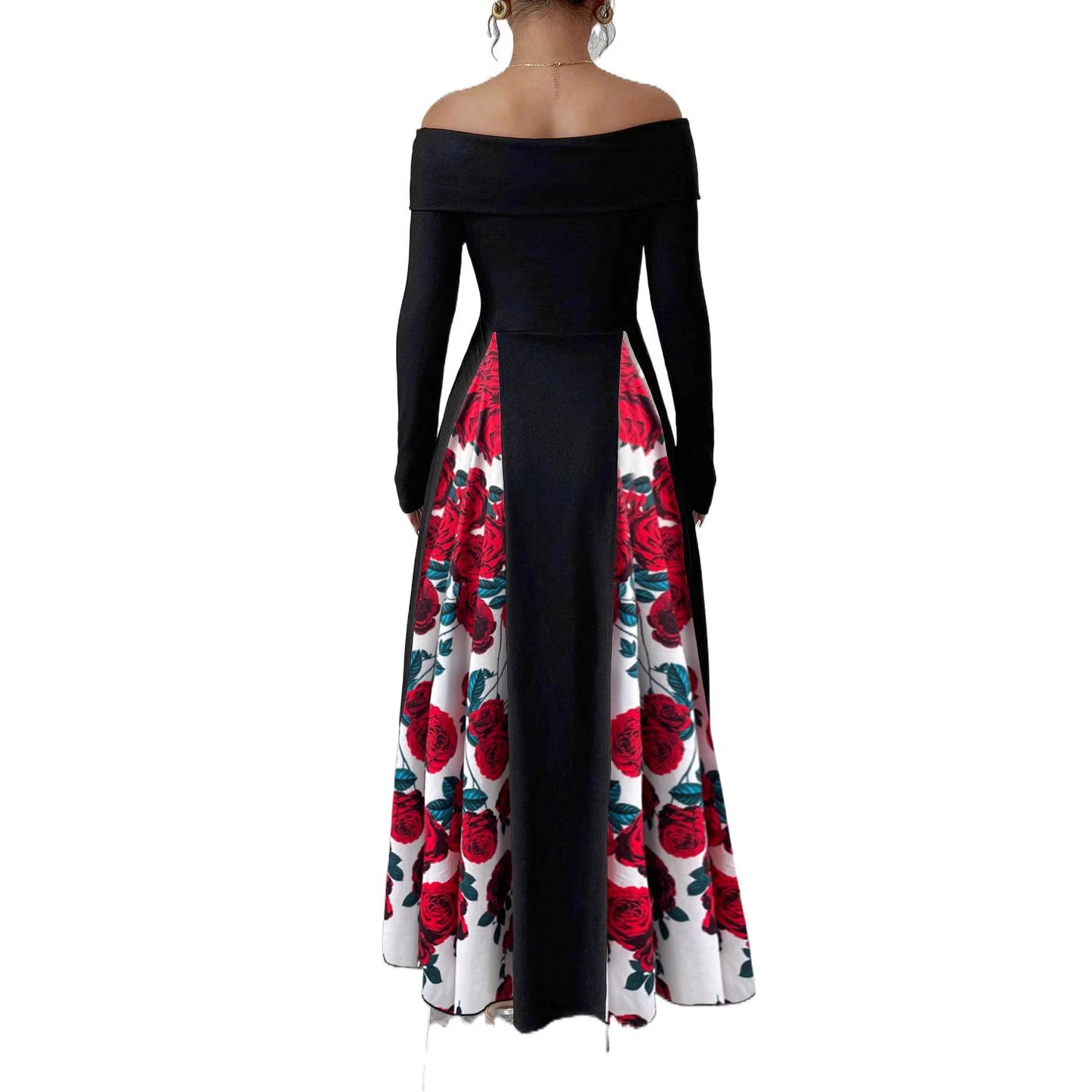 Off-shoulder Contrast-color Patchwork Long-sleeve Elegant Figure-flattering Dress