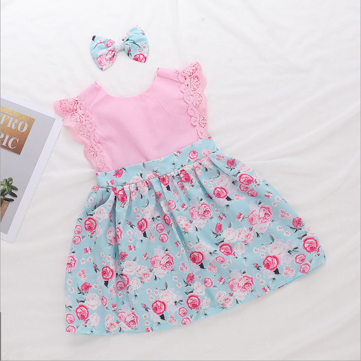 Children's Clothing Infant Lace Fly Sleeve Print Romper Dress