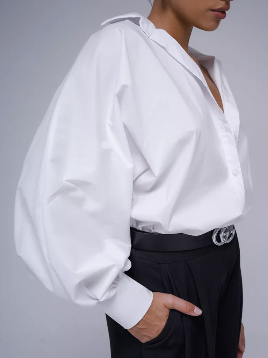 Retro Elegant Bubble Sleeve V-neck Top Shirt Casual Blouse Women