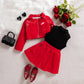 Notched Lapel Leather Jacket With Pleated Skirt Three-piece Set
