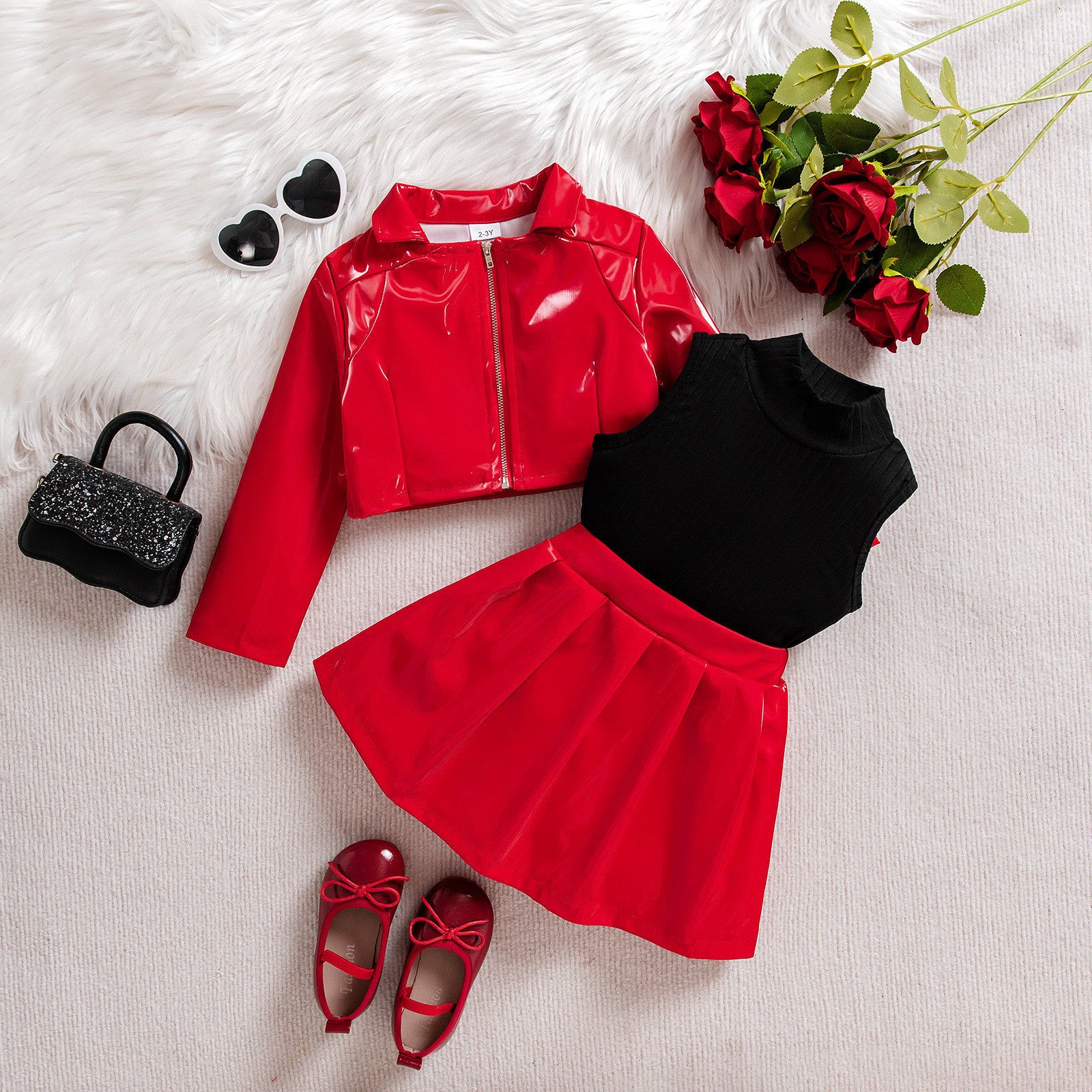 Notched Lapel Leather Jacket With Pleated Skirt Three-piece Set