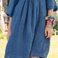 European And American Cotton And Linen Style Solid Color Three-quarter Length Sleeve V-neck Medium Dress
