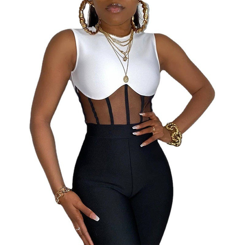Cross-border Black And White Stitching Mesh See-through Women's Tight Dress