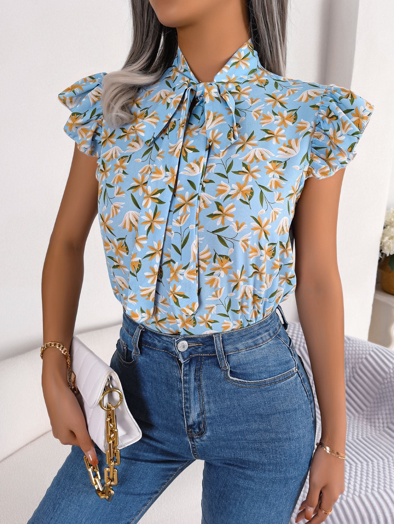 Casual Floral Stringy Selvedge Lace-up Bow Top