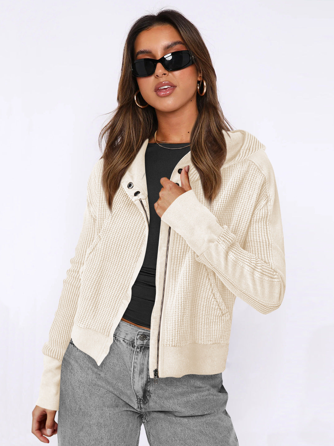 Sweat-shirt à capuche tendance pour femme, veste courte à fermeture éclair