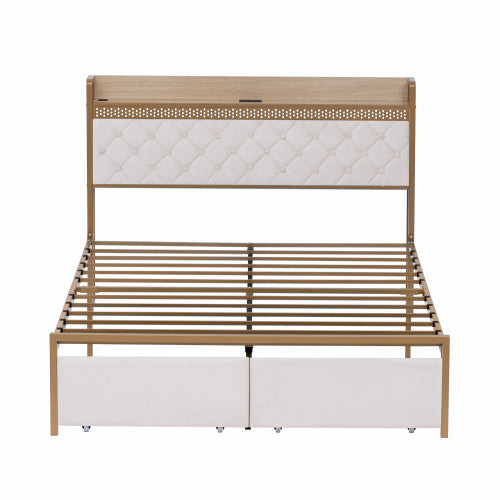 4ft6 Double Bed Frame With 2 Storage Drawers, RGB LED Storage Headboard With Charging Station, Velvet Bed Frame, With Chrome Decoration, No Box Spring Needed, Easy Assembly, Beige