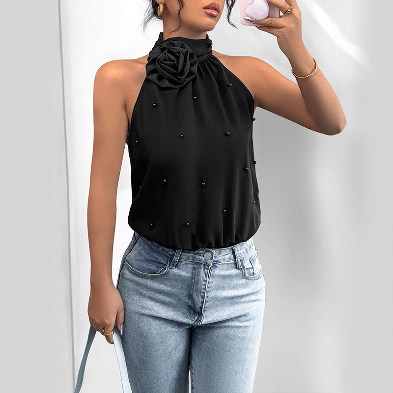 Elegant Style Three-dimensional Flower Half Turtleneck Halter Jumpsuit