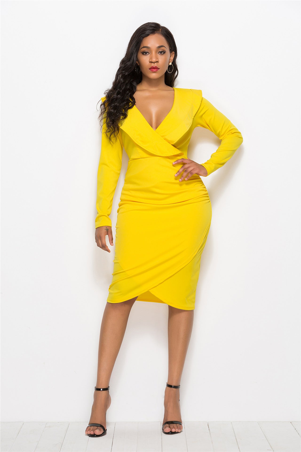 V-neck Ruffled Long-sleeve Hip Dress Women Girl Fashion