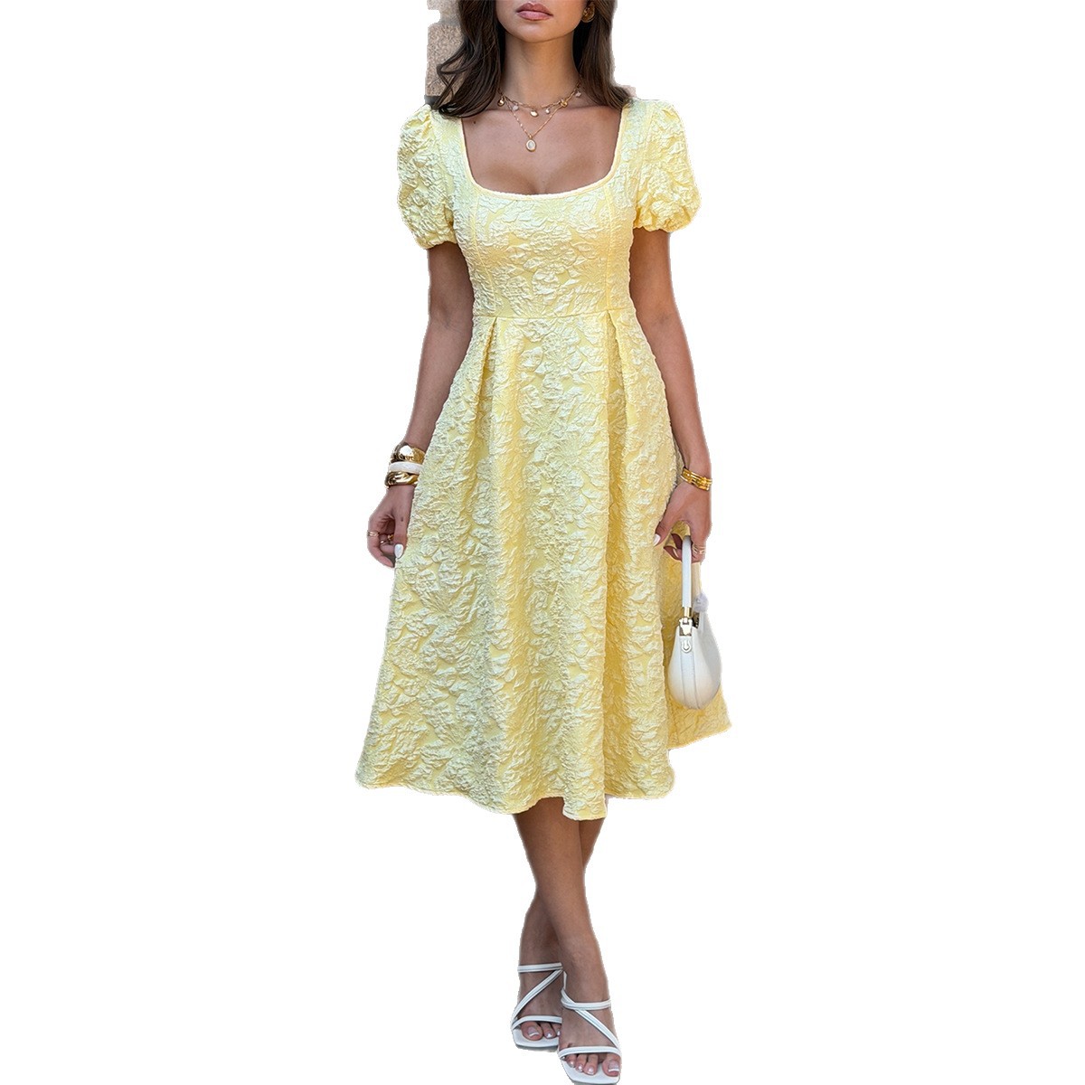 Elegant High-waisted A-line Dress With Puff Sleeves That Create A Slimming Elongating Look