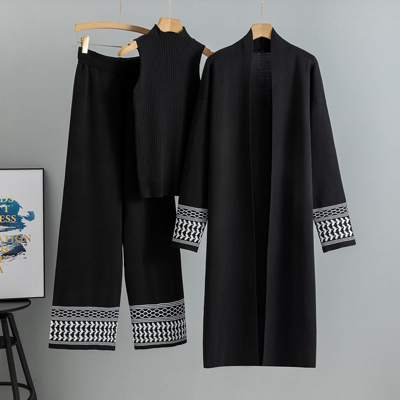 East Elegant Graceful Cardigan Robe Knitted Wide Leg Pants Three-piece Set