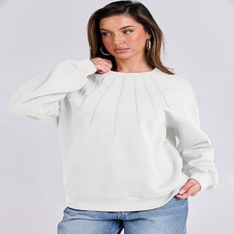 Pull ample et décontracté à col rond et plissé pour femme