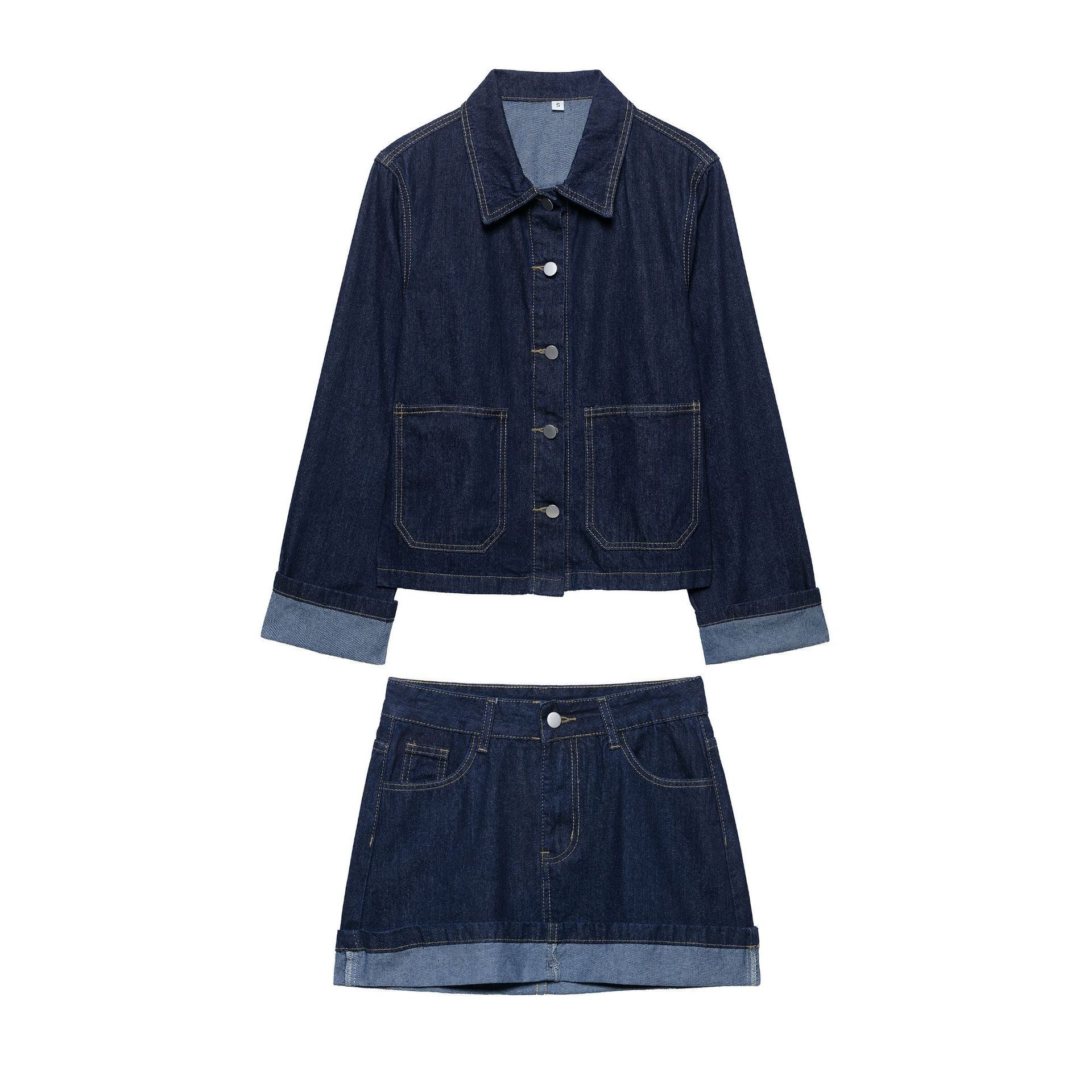 Lapel Cuff Denim Style Short Denim Coat Skirt Outfit
