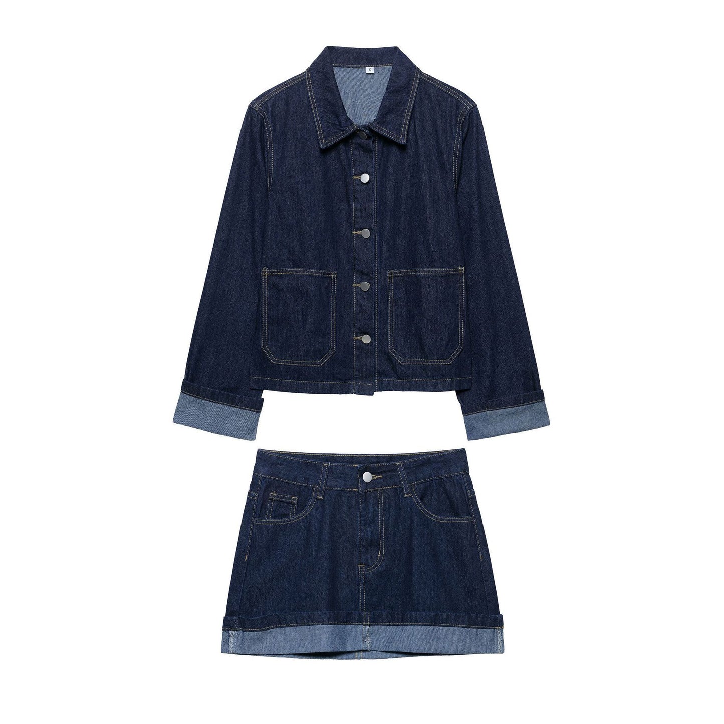 Lapel Cuff Denim Style Short Denim Coat Skirt Outfit