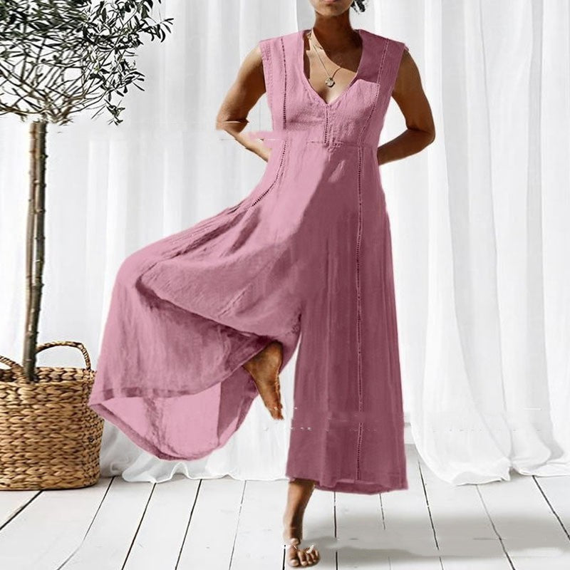 Combinaison ample longue sans manches à col en V pour femme