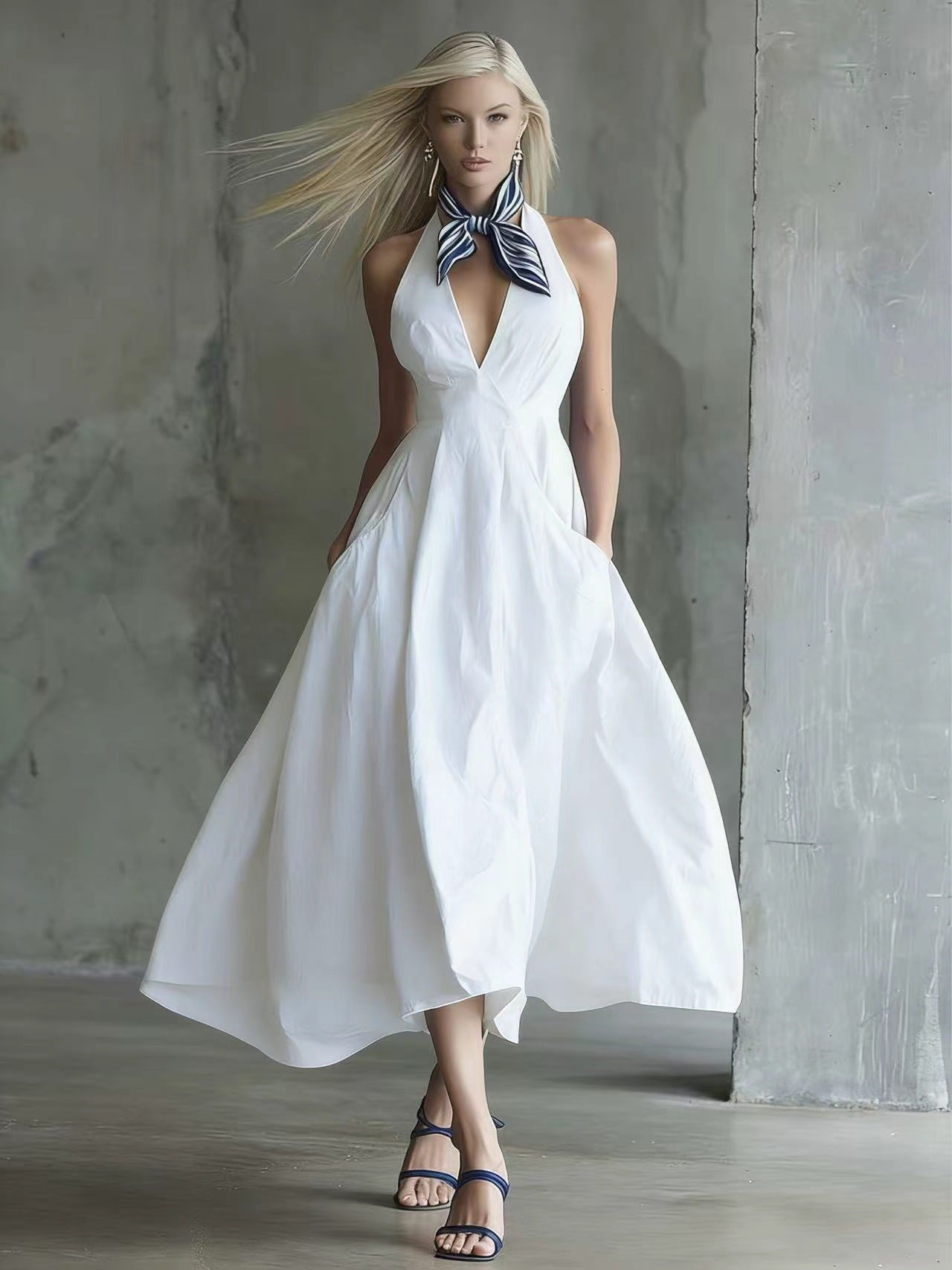 Womens Retro Sleeveless Tie-Waist A-Line Midi Dress With V-Neck
