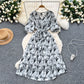 French Retro-Style High-End Printed Puff Sleeve Dress