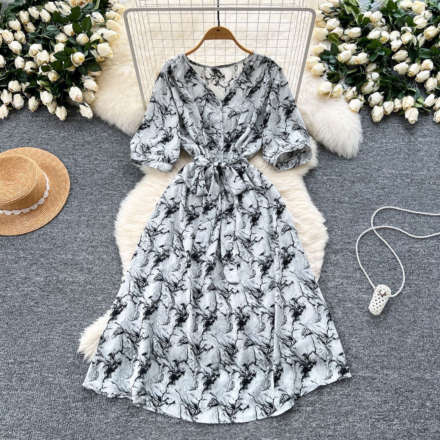 French Retro-Style High-End Printed Puff Sleeve Dress