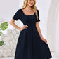 French-style Chic Square-Neck Puff-Sleeve Waist-Cinching Slimming Dress