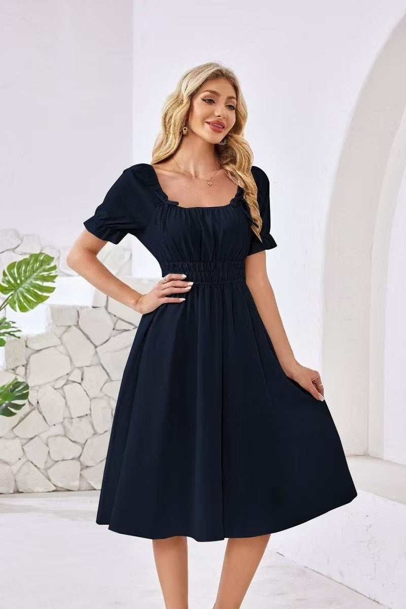 French-style Chic Square-Neck Puff-Sleeve Waist-Cinching Slimming Dress