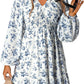 Floral V-neck Long Sleeve Pleated Elastic Waist Dress