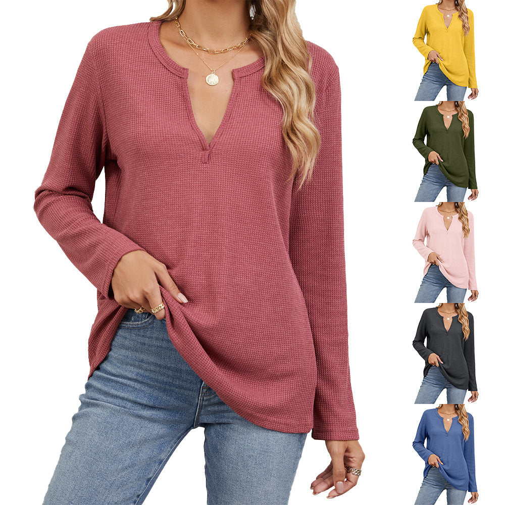 Loose-fitting V-neck Long Sleeves T-shirt Top For Women
