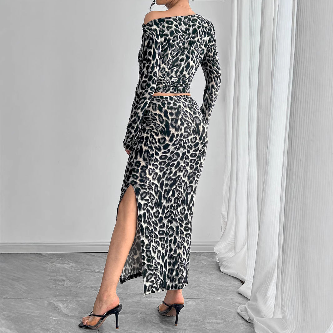 Leopard Print Two-piece Suit With Fitted Maxi Dress Suit