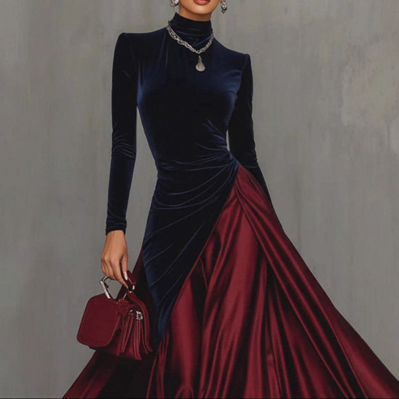 Womens Velvet Patchwork Color-Block Turtleneck Gown